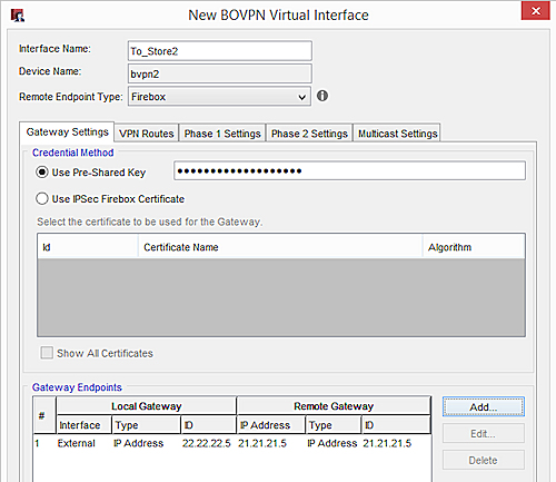 Captura de pantalla de la Configuración de la Puerta de Enlace de la Interfaz Virtual BOVPN, Sede a la Tienda 2